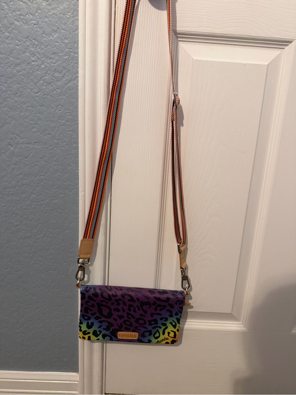 Consuela Purple Leopard Gradient Crossbody with Multicolor Stripe Strap - Picture 1 of 4